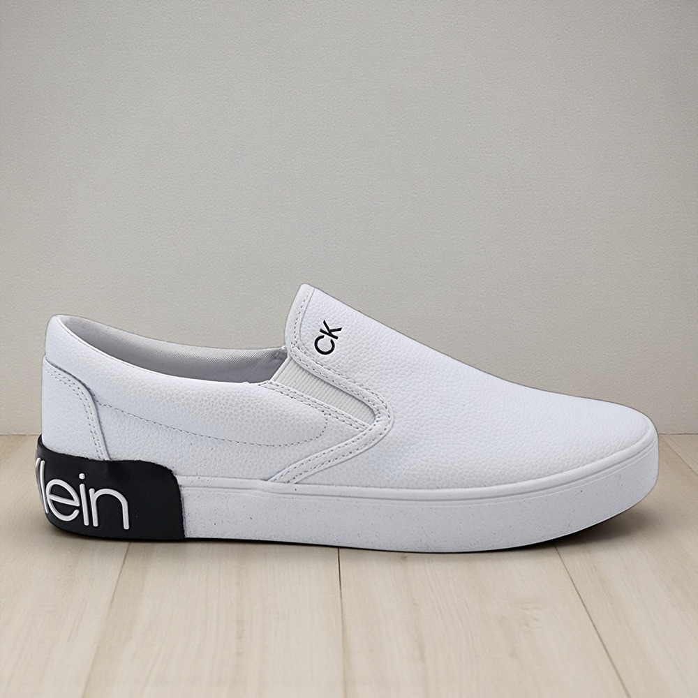 Calvin Klein RYOR2 Sneakers Mens Size 9M White Tumbled Leather Slip-On Shoes NEW